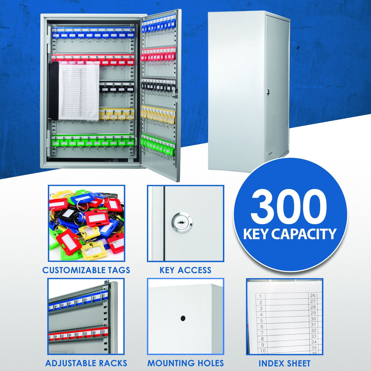 Adjustable Key Cabinet with Lock - Multiple Sizes, Gray or Black