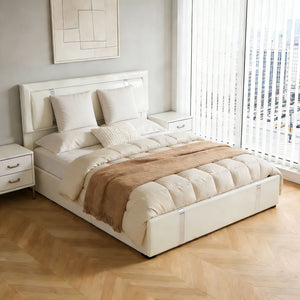 Upholstered Platform Bed Frame With Adjustable LED Headboard, USB C-Charging, Hydraulic Lift