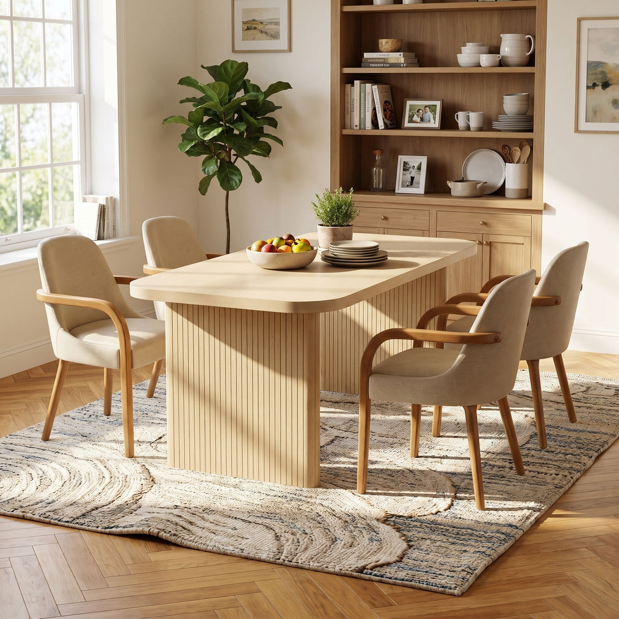 5 Piece Indoor Dining Set, 68.75" Dining Table & 4 Khaki PU Dining Chairs