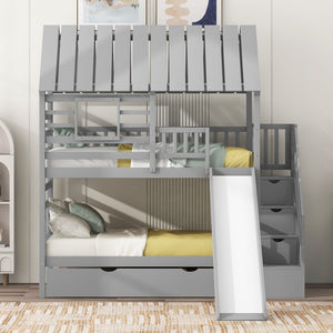 House Bunk Bed With Trundle, Storage Staircase, Roof And Window Design