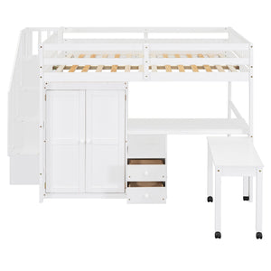 Loft Bed With Stairs, Bookshelf, Drawers, Desk & Wardrobe, Space Saving Multifunctional Furniture