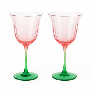 Khen Blossom Pink Tulip Wine Glasses Set of 2, Hand Blown Colored Crystal