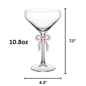 Single Clear Martini Glass with Pink Bow on Stem, One Piece