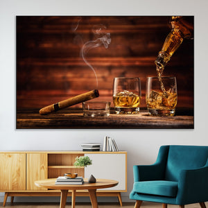 Whiskey and Cigar Wall Art Canvas | 3 Panel Bar Room Decor