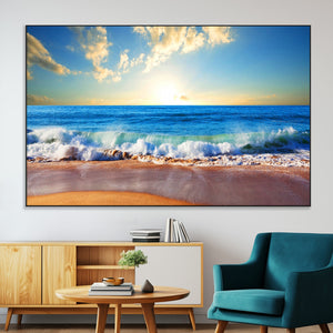 Tropical Beach Sunset Canvas Art, Ocean Waves and Sandy