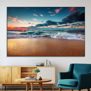 Sunset on Beach Wall Art Ocean Beach Canvas Print