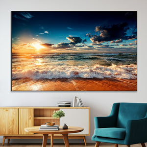 Golden Hour Sunset Over Ocean Waves Wall Art Canvas Print |