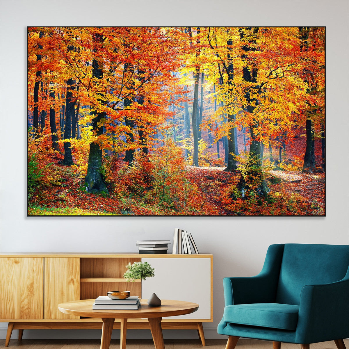 Autumn Red Forest Triptych Canvas Wall Art Print, Forest