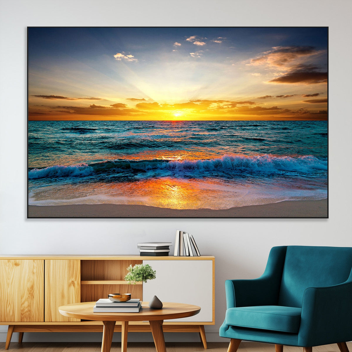 Vibrant Ocean Sunrise Over Golden Beach Waves, Giclee Canvas
