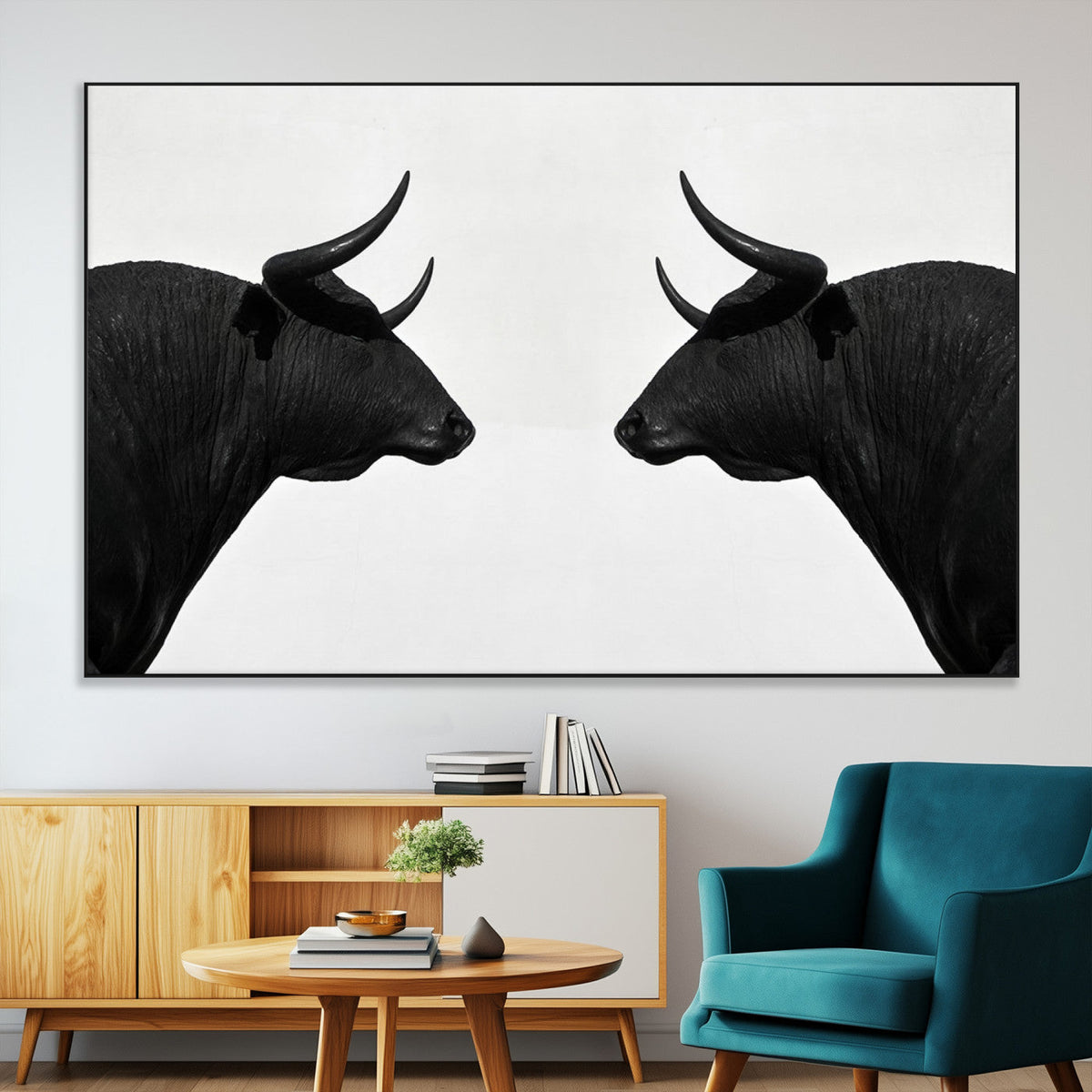 Spanish Bull Art - Framed Black and White Bull Canvas Print