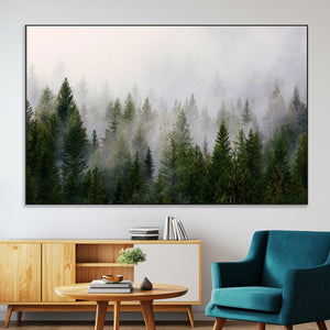 Misty Pine Forest Wall Art Canvas Print | 3 Panel Green