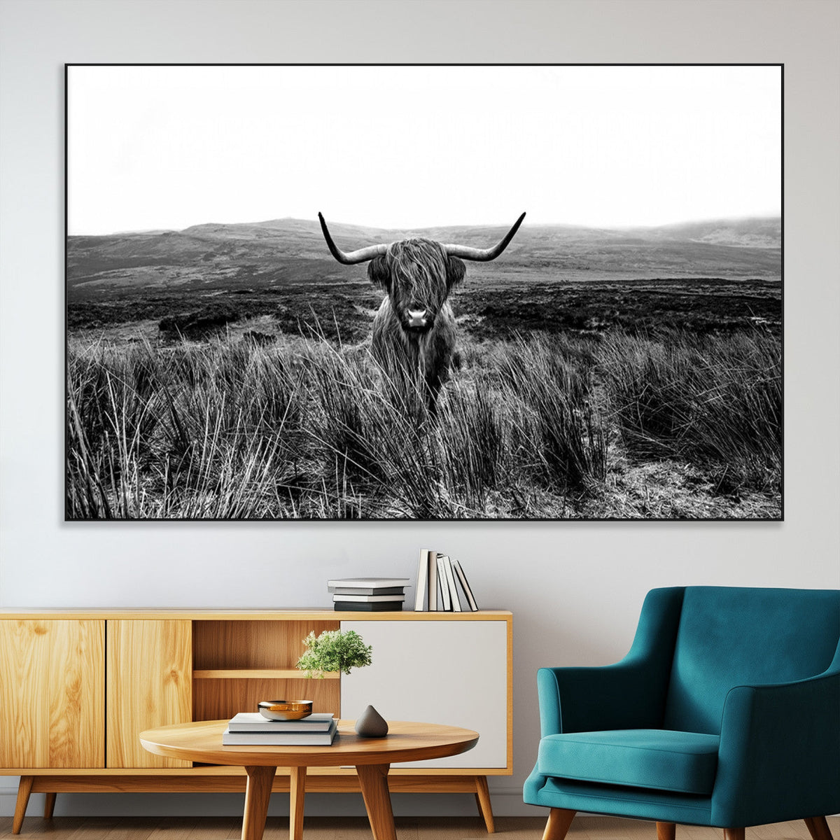 Black and White Highland Cow Canvas Wall Art, Longhorn