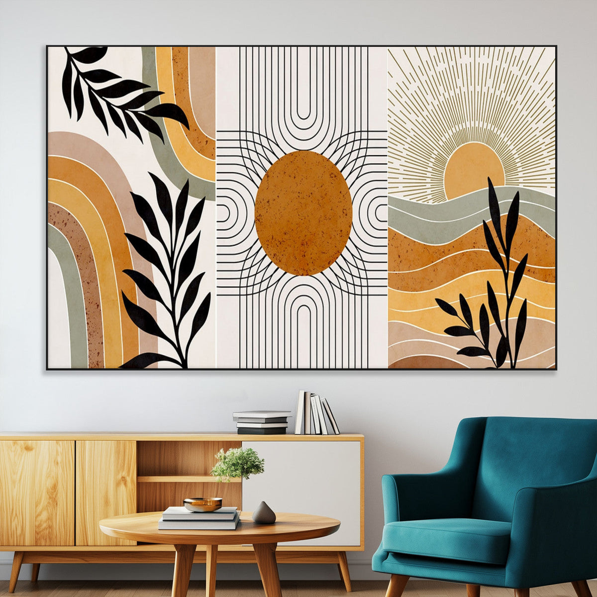 Modern Boho Sun and Leaf Abstract Art – 3-Panel Giclée