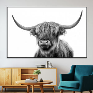 Grayscale Scottish Highland Cow Cattle Art Print Farmhouse