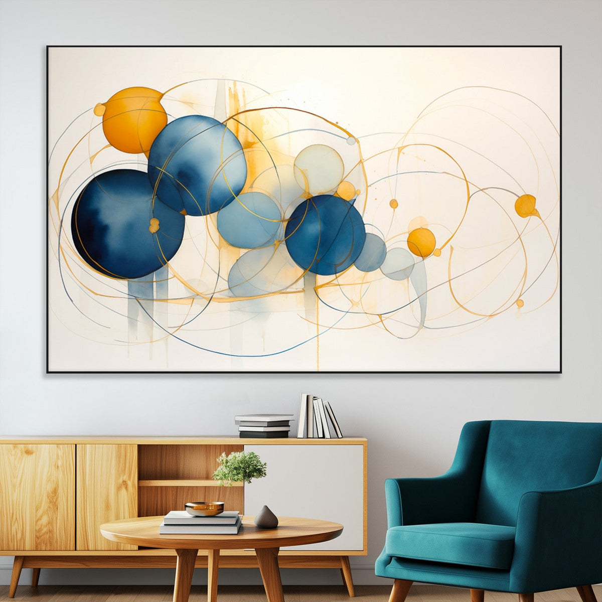 Geometric Blue Orange Abstract Wall Art Canvas, Geometric