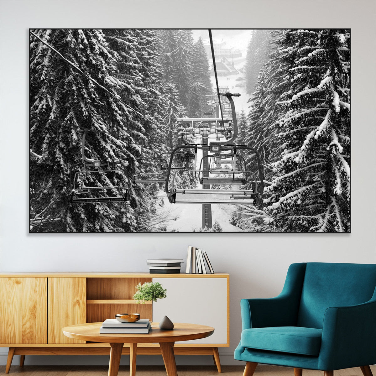Winter Ski Lift Black and White Canvas Wall Art – Alpine