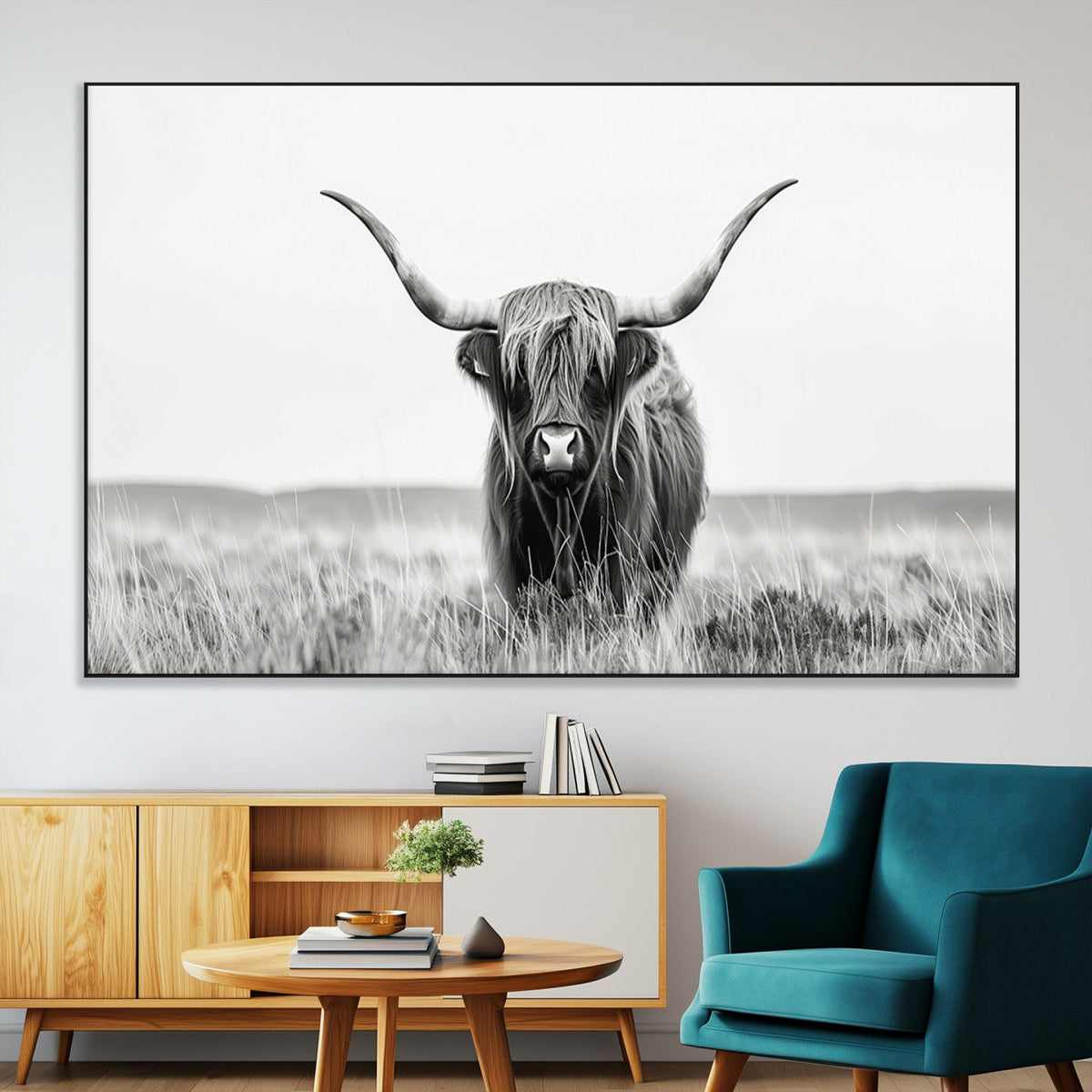 Highland Cow Canvas Wall Art – Majestic Beauty in Black and