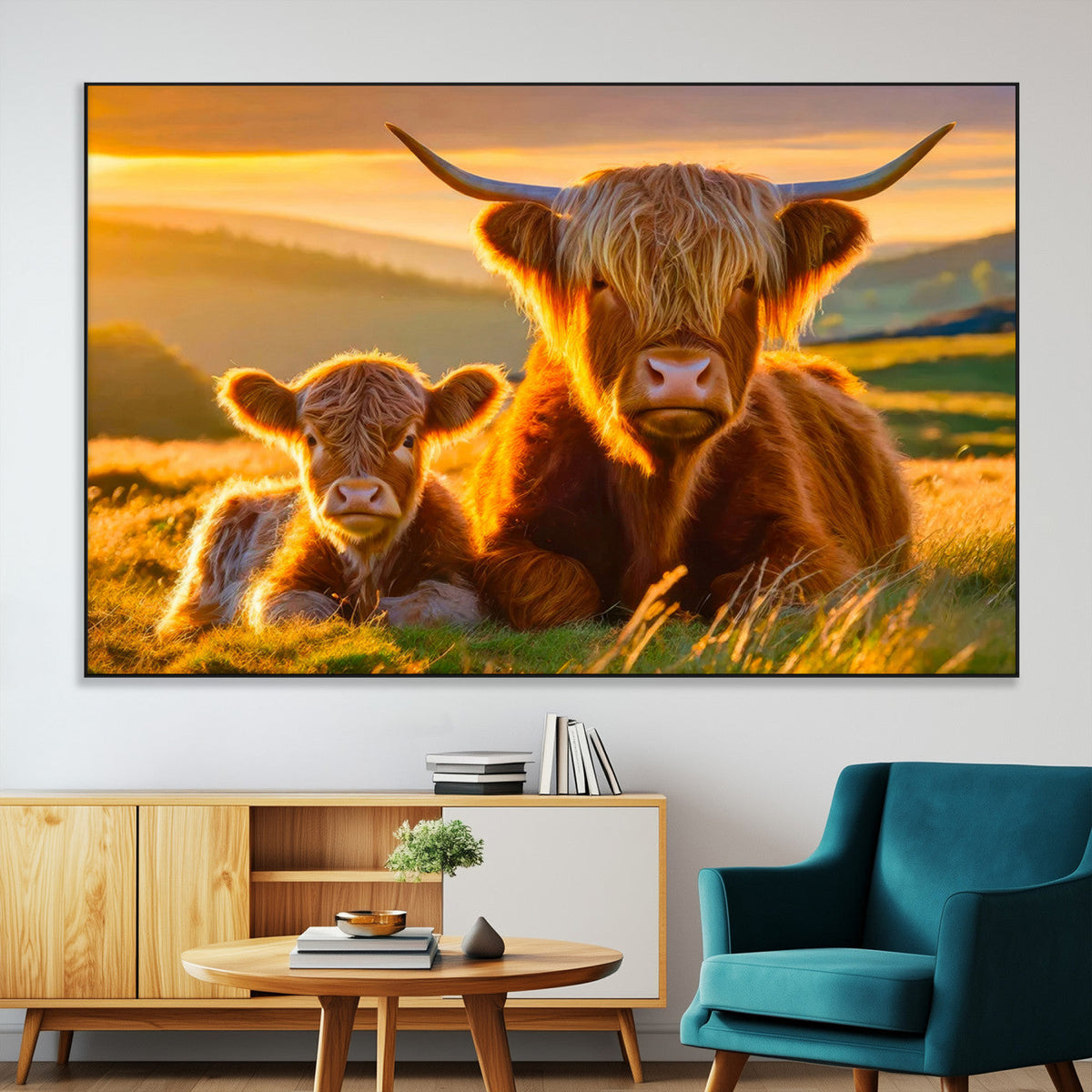 Scottish Cow and Baby Cow Canvas Wall Art Animal Print