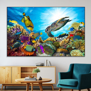Colorful Coral Reef and Sea Life Turtle Canvas Print,