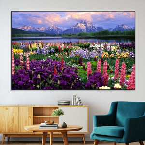 Vibrant Wildflower Garden and Mountain View Giclee Canvas