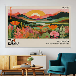 Framed Yayoi Kusama Print, Vibrant Floral Mountain Art