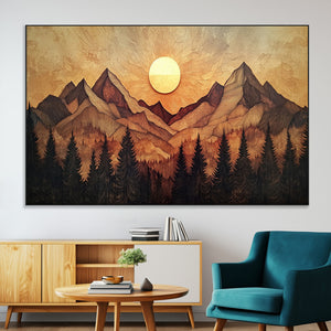 Wood Style Abstract Mountain Sunset Canvas Wall Art Print -