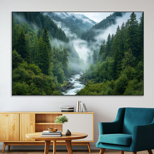 Mountain Forest River Canvas Wall Art Print - Serene Nature