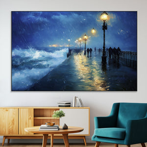 Storm Ocean Pier Canvas Wall Art Print - Large Moody Night