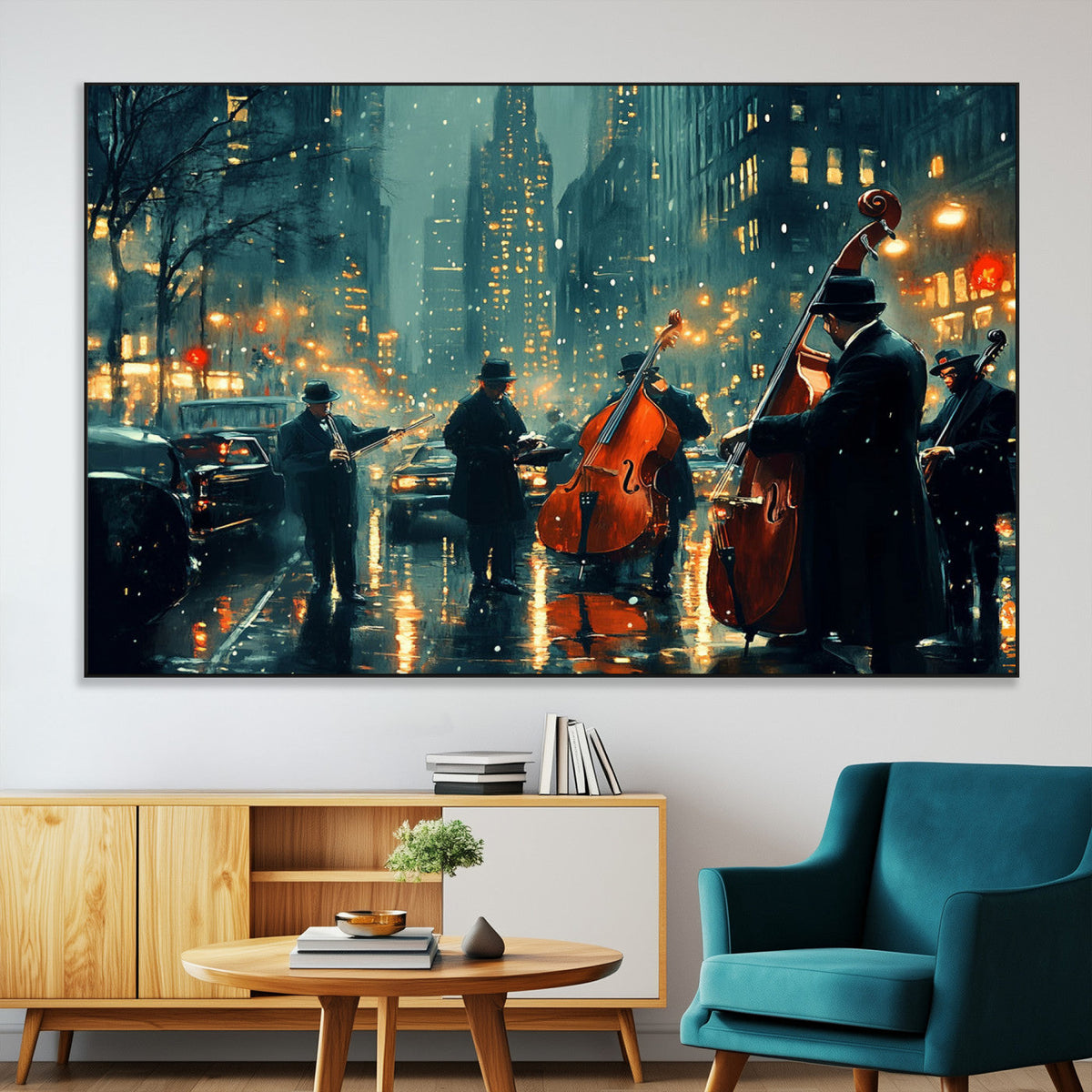 Urban Night Jazz Wall Art Canvas Print – Moody Rain-Soaked