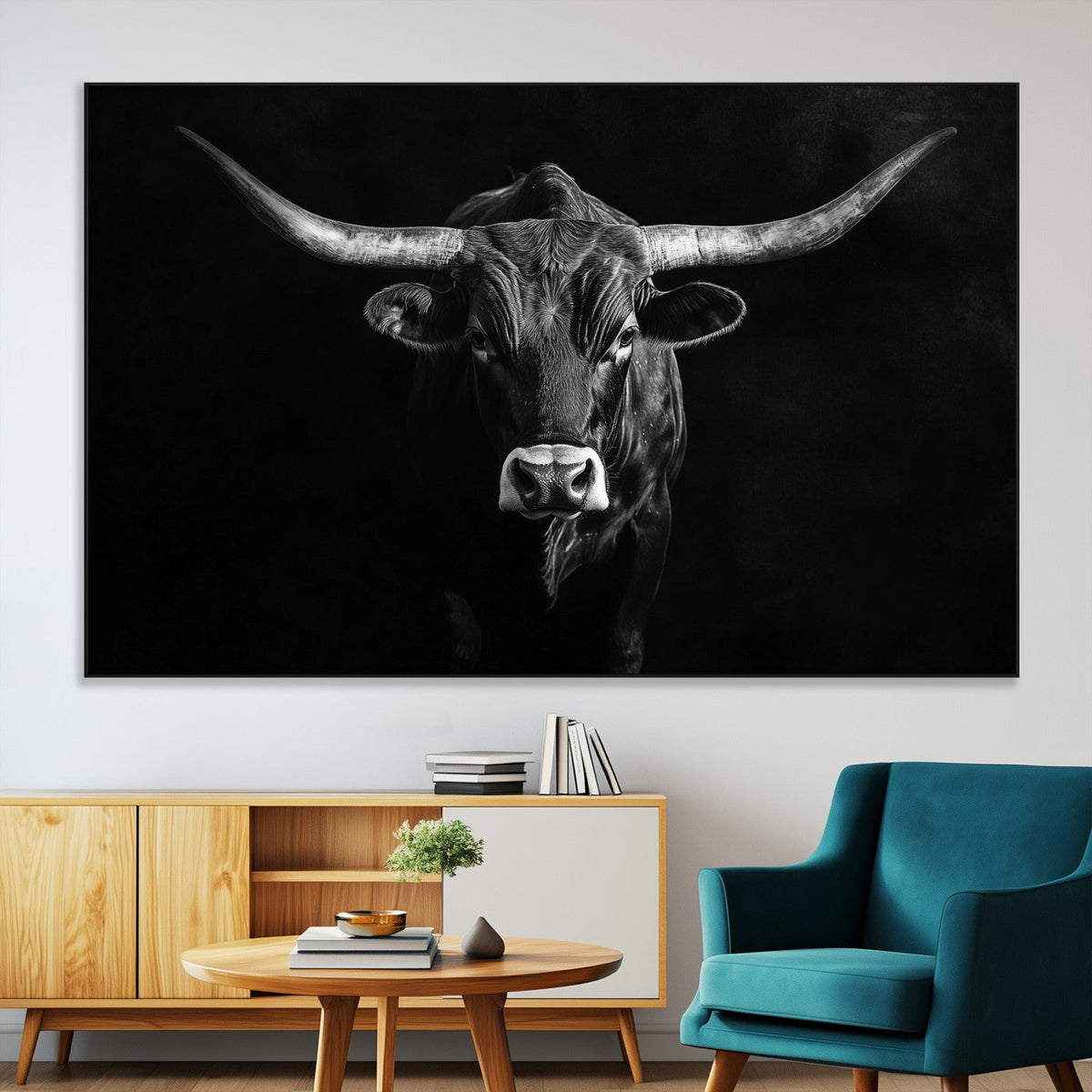 Texas Longhorn Wall Art Canvas Print – Framed Monochrome
