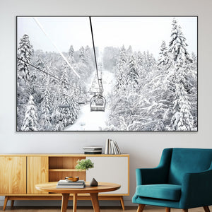 Snowy Ski Lift Wall Art – Framed Winter Mountain Canvas