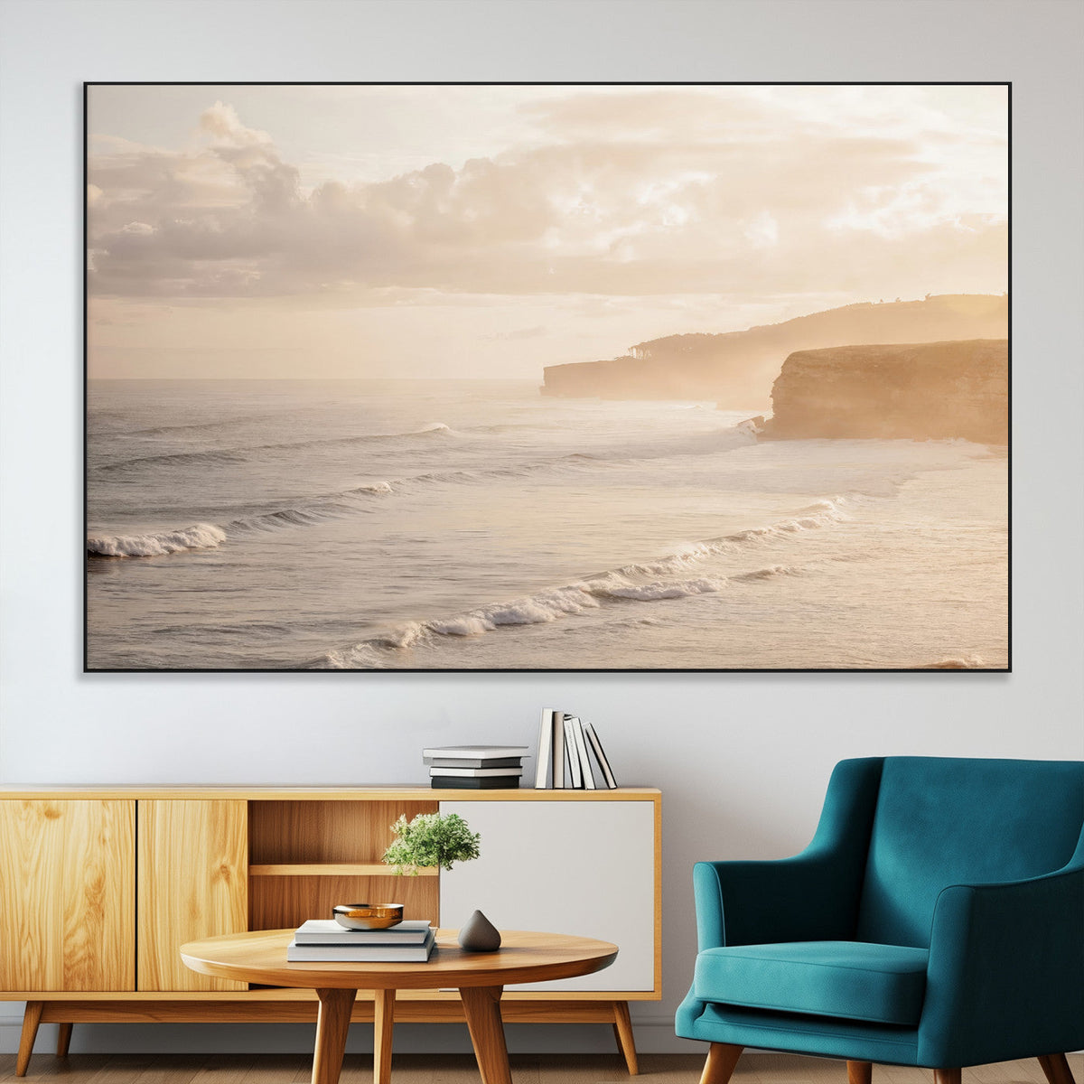 Misty Coastal Wall Art Canvas Print – Framed Golden Sunset