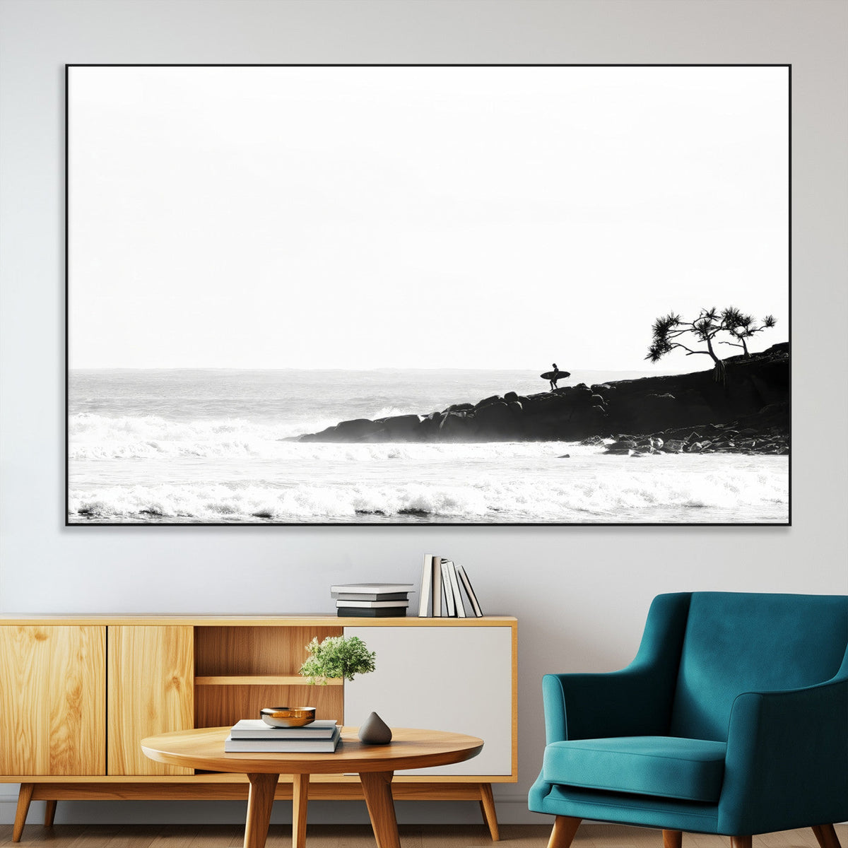 Surfer Cliffs Wall Art Canvas Print – Framed Black White