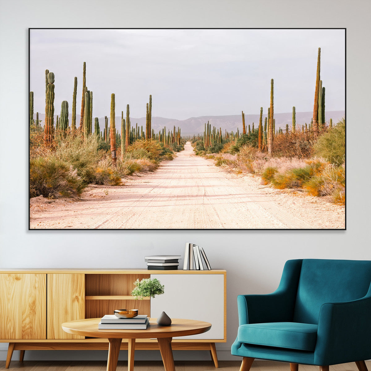 Desert Cactus Lined Road Wall Art Canvas Print – Framed