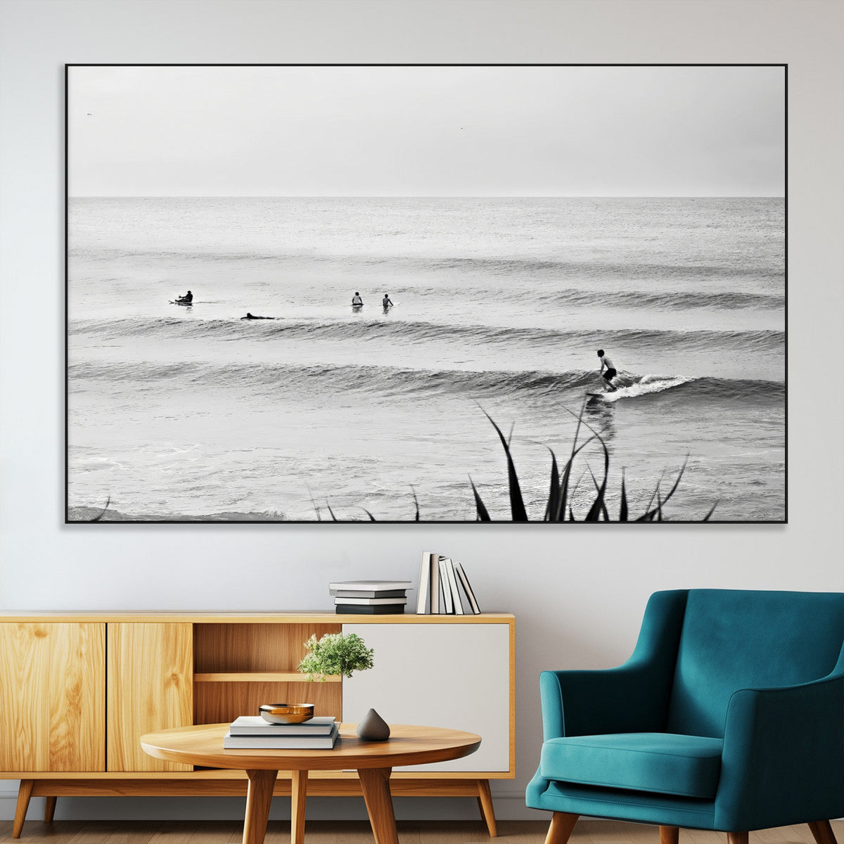 Surfer Silhouette Wall Art – Framed Calm Ocean Canvas