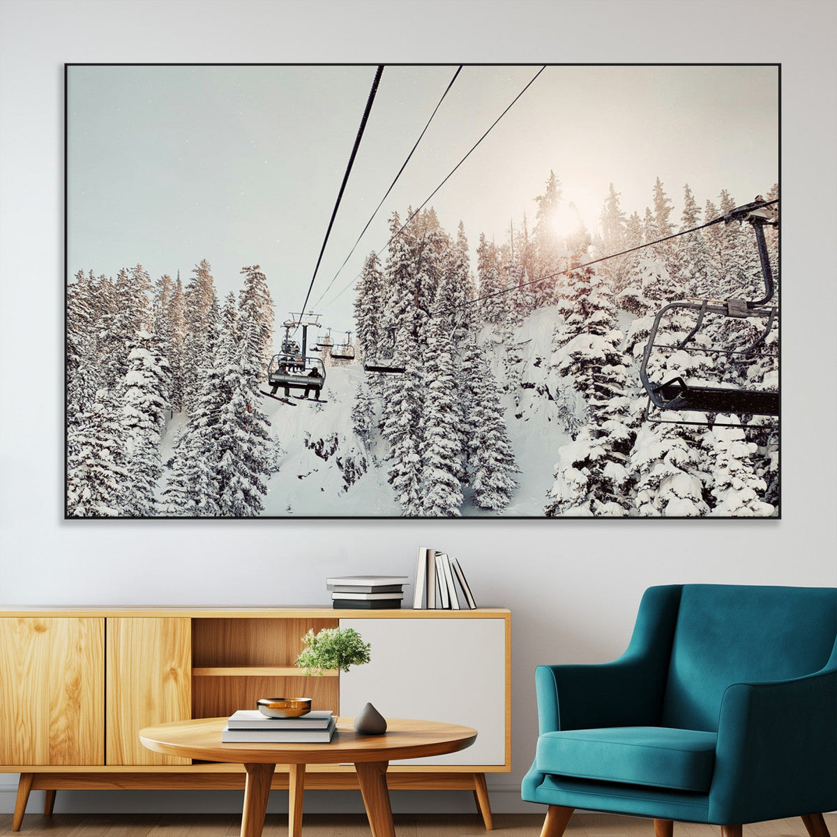 Frosty Pines Wall Art Canvas Print – Framed Cozy Cabin Ski