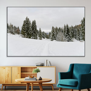 Frosty Pines Wall Art Canvas Print – Framed Silent Snowfall
