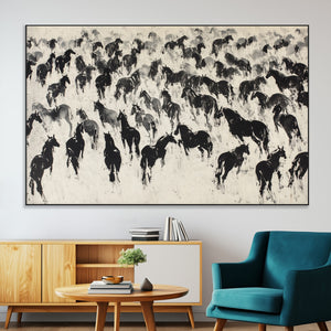 Wild Horse Stampede Wall Art Canvas Print – Monochrome