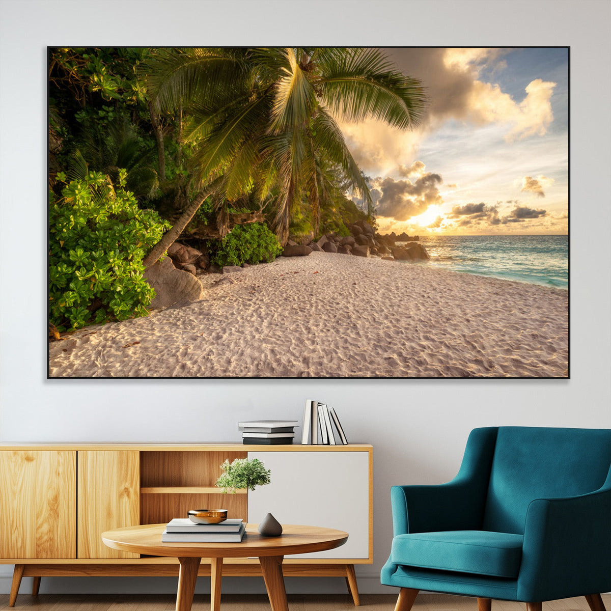 Tropical beach sunset, palm trees, white sand, ocean waves,