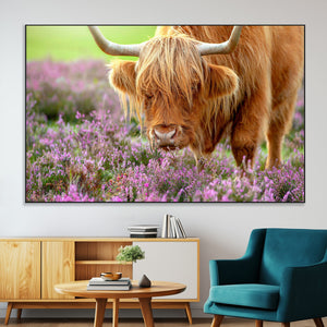 Highland Cow Wall Art Canvas Print – Framed Purple Flowers
