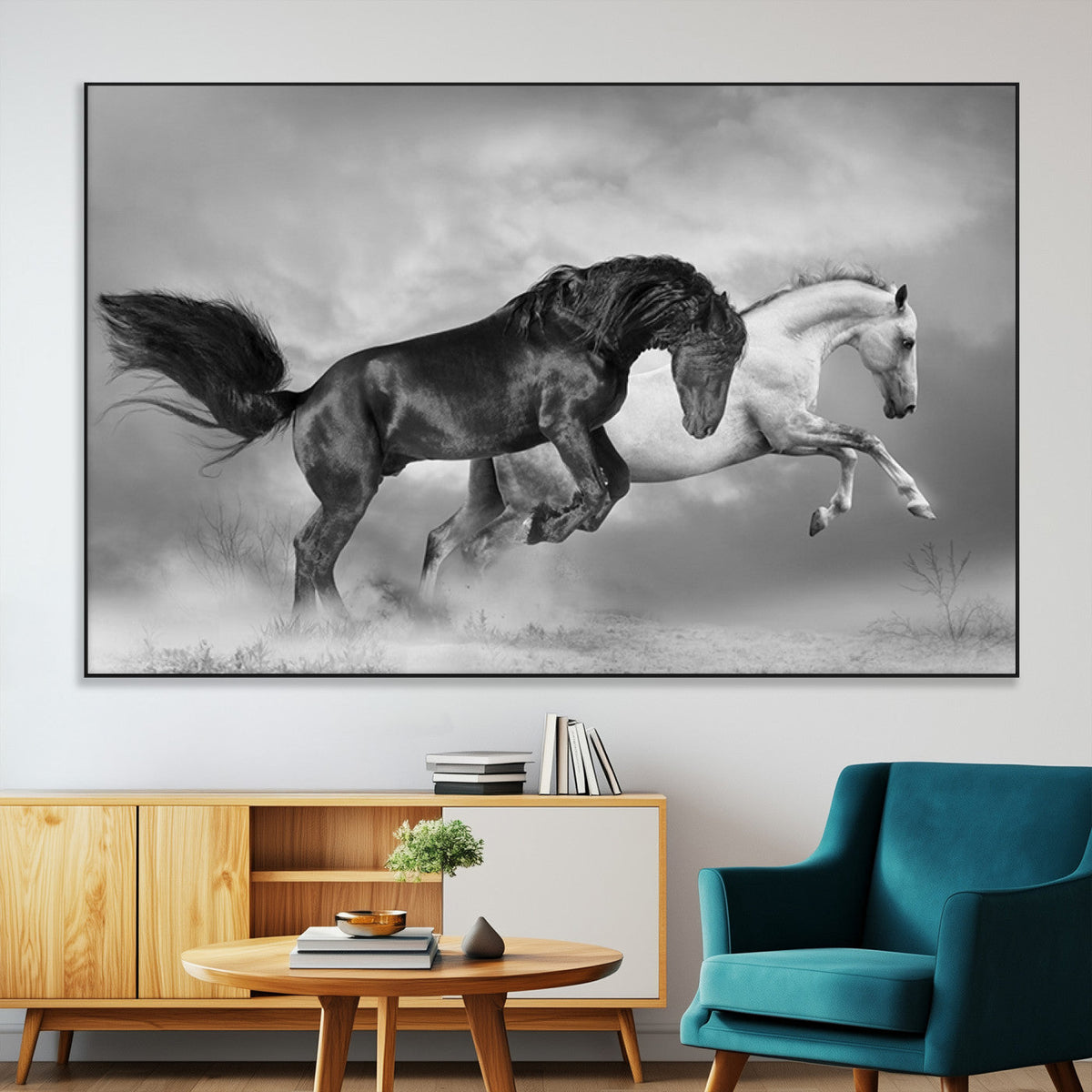 Wild Horses Wall Art Canvas Print – Framed Black and White