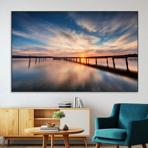 Wooden Pier on Seascape and Sunset Wall Art Canvas Print