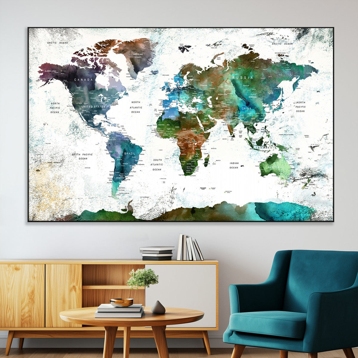 Modern Watercolor World Map Canvas Wall Art – Framed