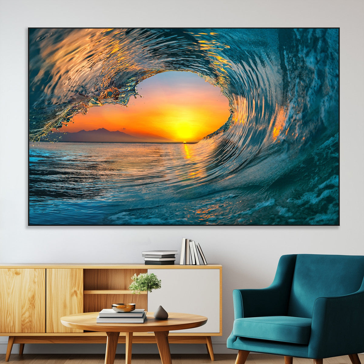 Ocean Wave Sunset Wall Art | Large Coastal Wave Canvas Print