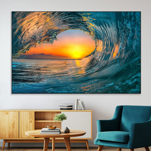 Ocean Wave Sunset Wall Art | Large Coastal Wave Canvas Print
