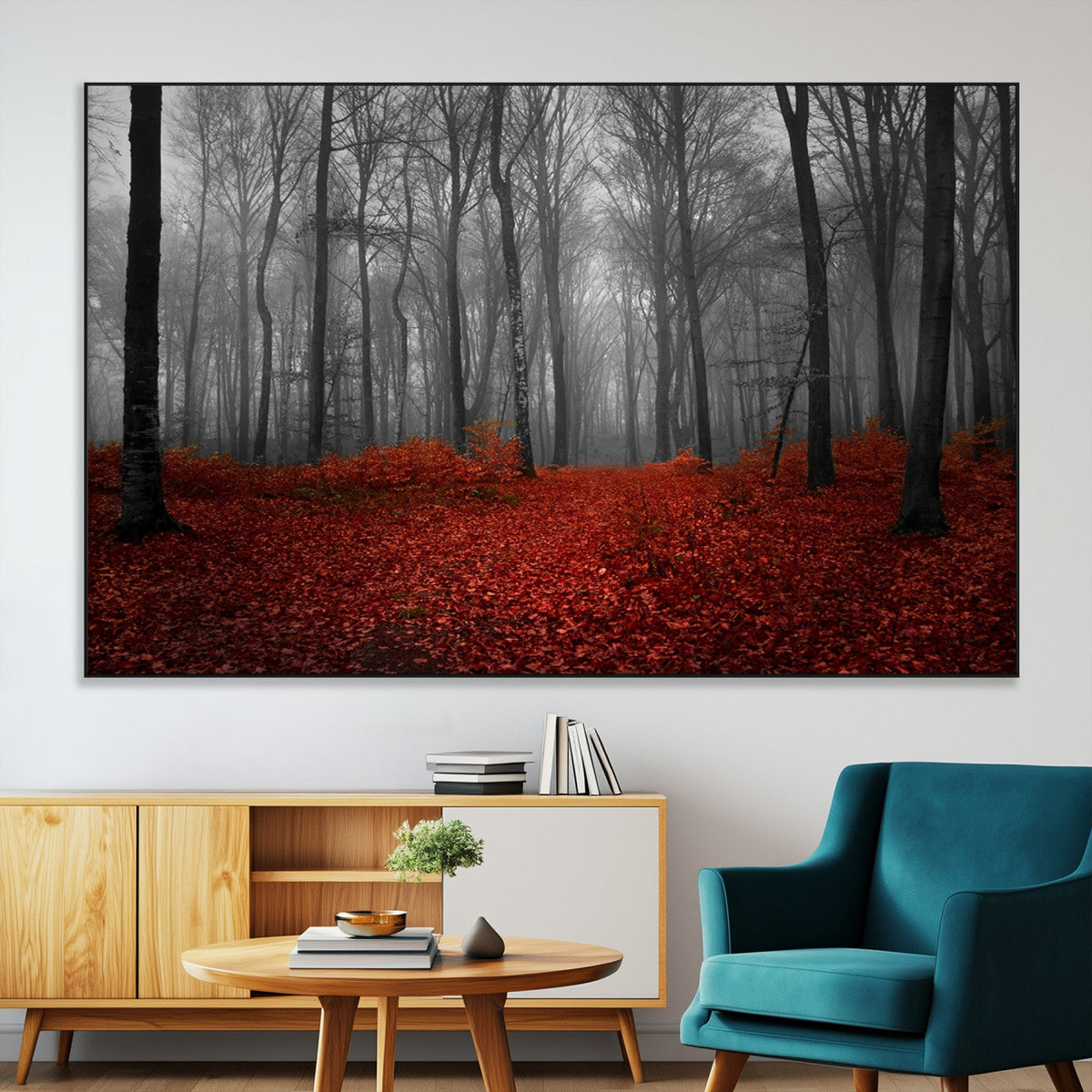 Red Forest Floor Canvas Wall Art – Mystical Foggy Woodland