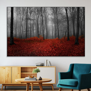 Red Forest Floor Canvas Wall Art – Mystical Foggy Woodland