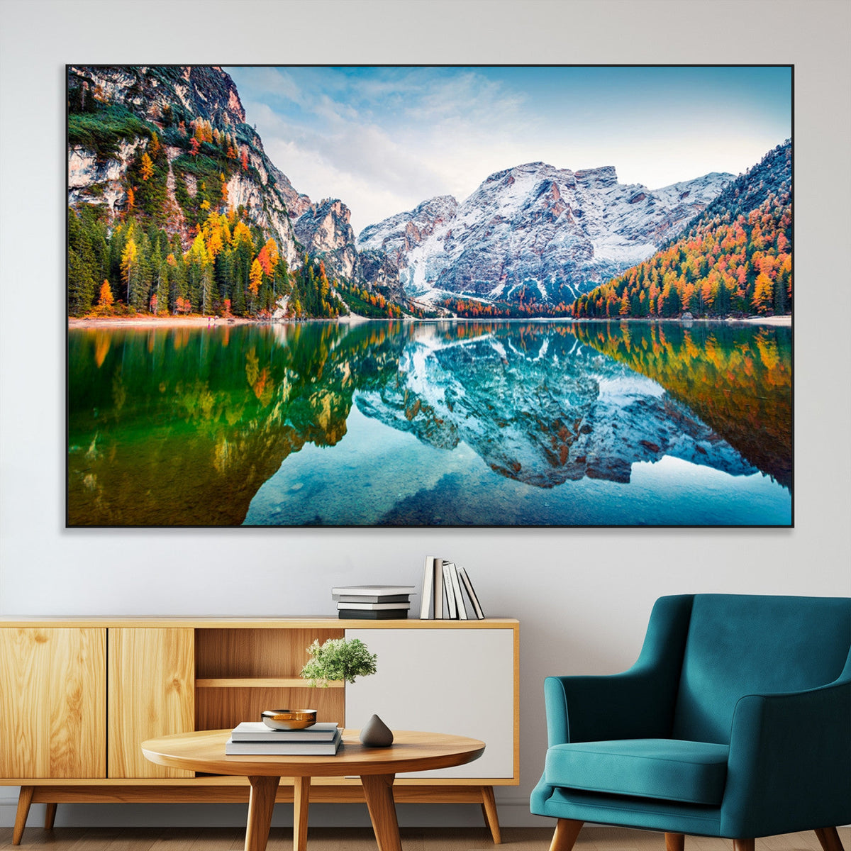 Spectacular autumn view of Braies Lake Wall Art Canvas Print