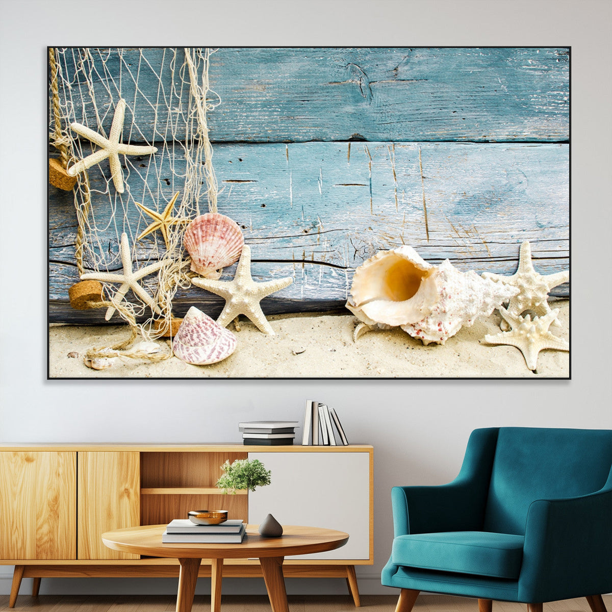 Seashells on Rustic Wooden Background, Seashells Wall Art