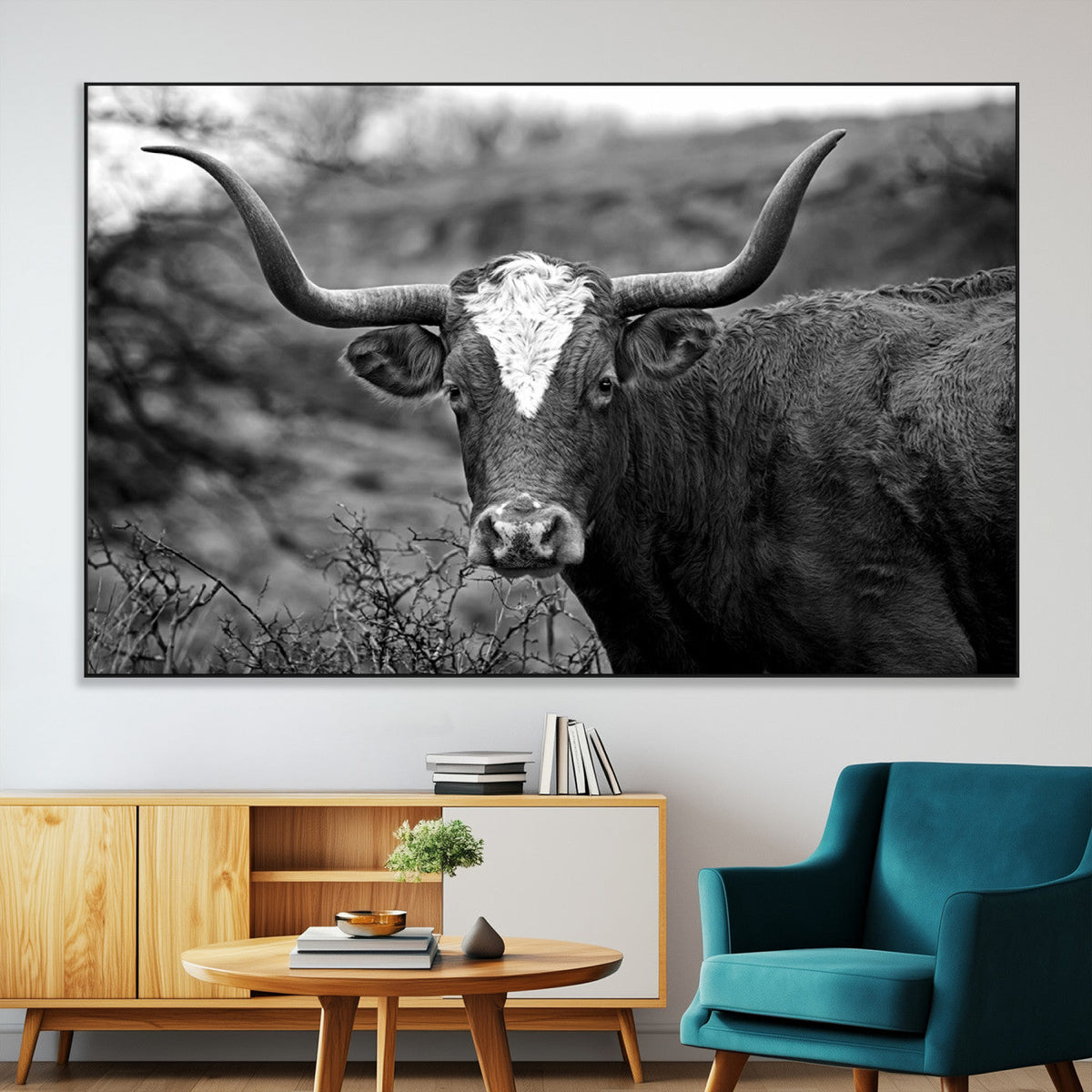 Western Home Wall Art Canvas Print, Framed Texas Longhorn